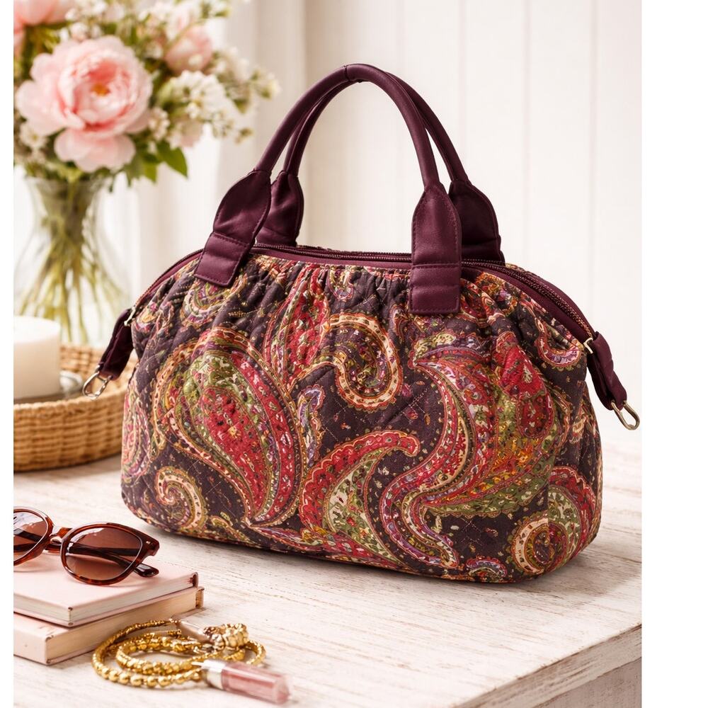 Vera Bradley Mesa Red Gathered Satchel Paisley Quilted Cotton Bag
